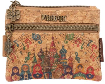 Vegan mini cork wallet with matryoshka and music motif – colorful, sustainable & a real eye-catcher