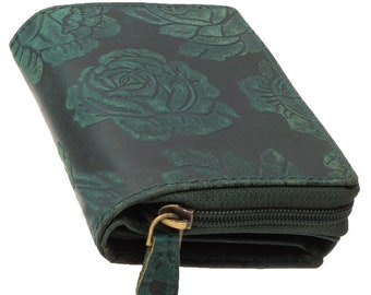 Real buffalo leather wallet or purse with RFID protection and lots of credit card slots in green.
