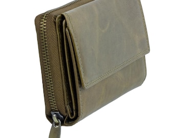 Women's leather wallet with RFID protection, 12 card slots, olive green, 14x10x3 cm, with coin pocket