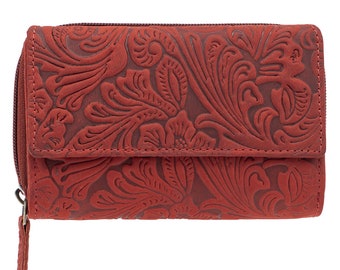 Real leather compact wallet with RFID protection and special many credit card slots for women and girls in red color.