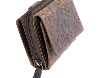 Women's leather wallet with RFID protection, brown, 11x8x3.5 cm, 13 card slots, coin pocket with zipper