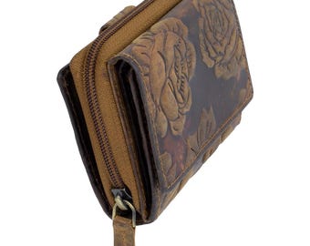 RFID women's wallet made of genuine leather – 14 card slots, 2 coin compartments, rose embossing, 11×9×4 cm