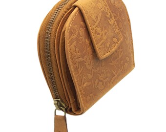 Wallet with RFID protection and compact made of genuine leather embossed with flowers in semi-circular shape for women and girls in tan color