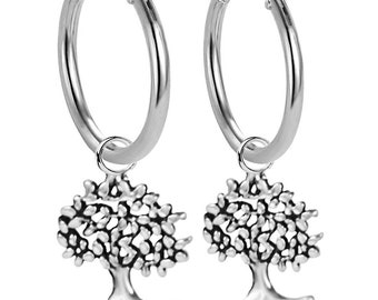 Pair of creoles made of 925 sterling silver with a tree of life as a lucky charm for women, girls and men. 10 mm / 12 mm / 15 mm / 18 mm.