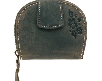 Wallet or purse with RFID protection and compact made of genuine leather embossed with flowers in semicircular shape for women and girls