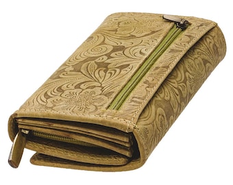 Wallets or purses made of genuine buffalo leather, compact with a particularly large number of credit card slots in light green color.