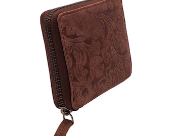 Genuine buffalo leather floral Compact zipp wallet or purse with many credit card slots in brown color.