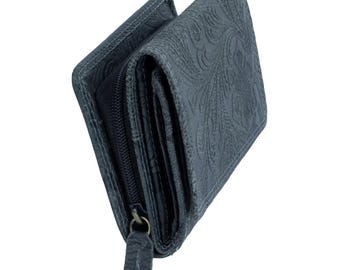 Women's Leather Wallet with RFID Protection, Anthracite, Small (12x8x2.5 cm), 9 Card Slots, Zippered Coin Pocket