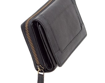 High-quality, elegant, soft genuine buffalo leather compact wallet with many credit card slots in black color.