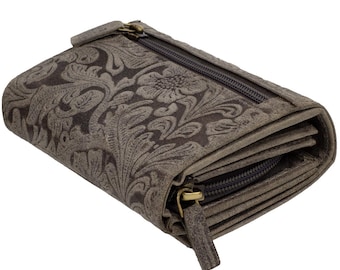 Elegant RFID leather wallet with large capacity and floral embossing - genuine vintage quality