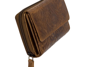 Women's wallet with RFID protection. 10 card slots, compact (14×10×4 cm), floral embossing, robust & secure