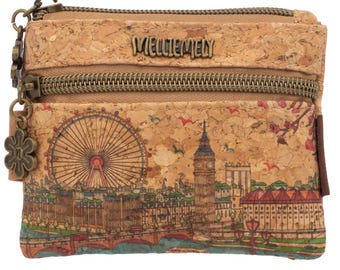 Vegan cork wallet with London motif & lucky clover pendant – sustainable, compact, and detailed