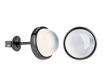 Studs 925 Sterling Silver Black Rhodium Round Noble Moonstone for Women and Girls