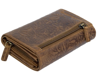 RFID Women's Wallet Genuine Leather Brown – 12 Card Slots, 3 Bill Compartments, Vintage Embossing, 15×10×4 cm