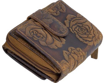 RFID women's wallet made of genuine leather – 14 card slots, 2 coin compartments, rose embossing, 11×9×4 cm