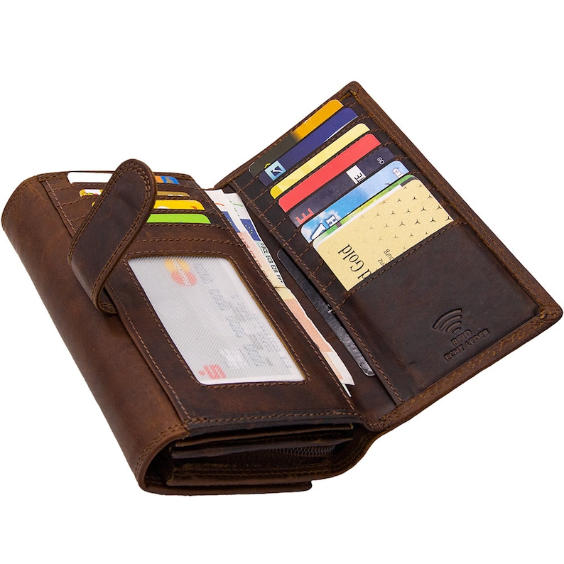Damenbrieftasche und Portemonnaie, mit RFID-Schutz aus echtem und sehr weichem Leder, kompakt und vielen speziellen Fächern für Karten. Bild 4