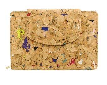 Vegan wallet purse made of cork with hand strap and magnetic button closure for women and girls