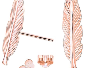 Feather stud earrings made of sterling silver 925 gold-plated 18K rose gold with butterfly clasp for women girls