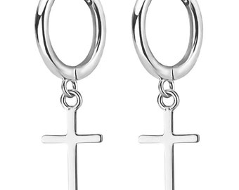 Small Creole earrings made of sterling silver 925 with cross pendant for women, girls, teenagers, men and LGBT.