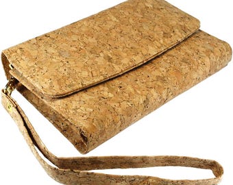 Vegan wallet purse made of cork with hand strap and magnetic button closure for women and girls