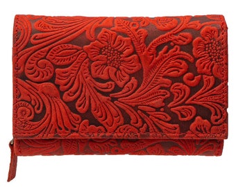 Diverse ladies wallets and purses made of genuine buffalo leather, compact with RFID and many credit card slots in red wine colour…