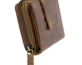 Compact RFID women's wallet made of genuine leather, brown – 7 card slots, 2 coin and 2 bill compartments, vintage embossing