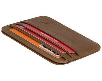 RFID card case, genuine leather, brown – 6 card slots, 1 bill compartment, slim card holder 11×9×0.5 cm