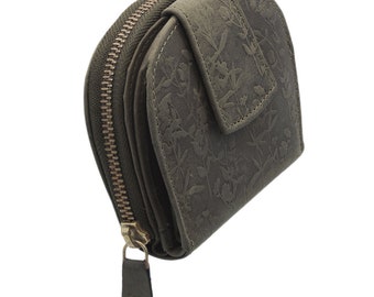 Wallet with RFID protection and compact made of genuine leather embossed with flowers in semicircular shape for women and girls in gray color
