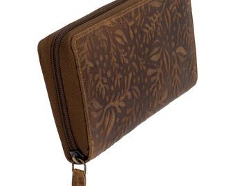 RFID leather wallet with large capacity and floral embossing - genuine vintage quality