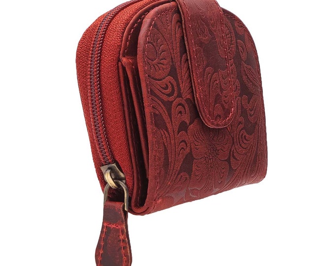 Wallet or purse made of genuine buffalo leather flowered and rounded in terracotta color for women and girls
