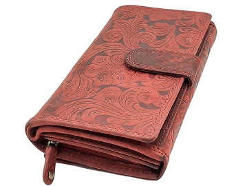Women's wallet or purse made of genuine buffalo leather, compact with many credit card slots in red.