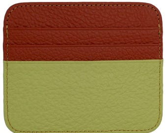 RFID card case genuine leather red-green, 6 card slots, 1 bill compartment, slim card holder 11×9×0.5 cm