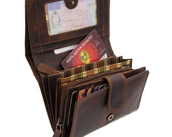 Versatile wallets and purses or purses made of genuine buffalo leather. Compact with many credit card slots in tan-brown