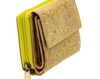 Genuine leather compact wallet purse or money bag with lots of credit card slots in olive green color for women and girls