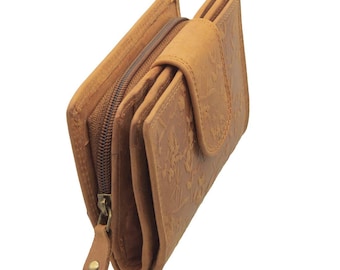 Genuine buffalo leather RFID-blocking wallet and purse for women with floral embossing and many credit card slots in tan color