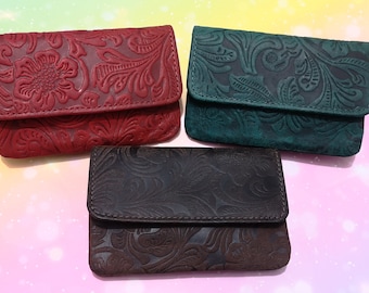 Key case buffalo leather floral Small key case wallet with 2 key chains with snap fastener and zipper