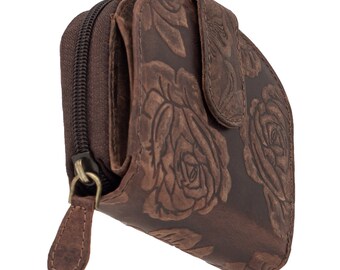 Small wallet or purse with RFID protection made of genuine buffalo leather embossed with roses in semicircular shape in dark brown color