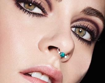 Piercing ring 925 sterling silver thin hoop ear piercing and nose piercing diameter 10 mm (ball closure) turquoise color.