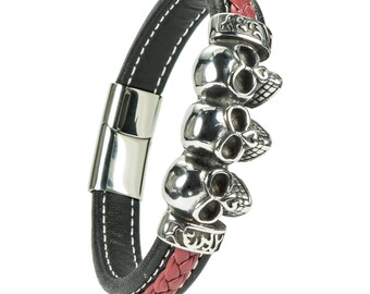 Rocker men's bracelet in genuine leather braided with skull and with magnetic clasp stainless steel red color