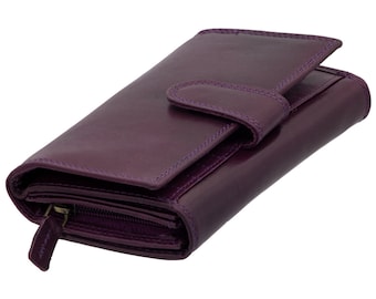 Wallet or travel bag purse with RFID protection made of genuine leather with many credit card slots for women in purple color