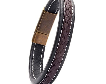 Men's Bracelet elegant Braided in genuine leather in black-brown color and with gold brass magnetic closure