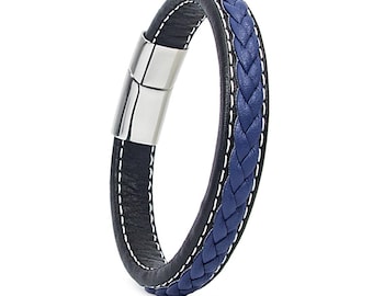 Men's bracelet elegant braided in genuine leather and with stainless steel magnetic clasp blue color.