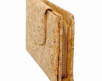 Vegan wallet purse made of cork with hand strap and magnetic button closure for women and girls