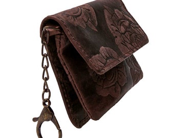 Key case buffalo leather embossed with rose small key bag wallet with 2 key chains in dark brown color.