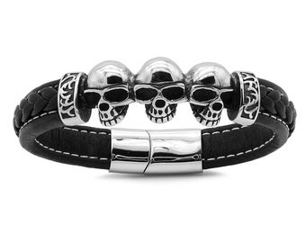 Rocker men's bracelet in genuine leather braided with skull and with magnetic clasp made of stainless steel black color