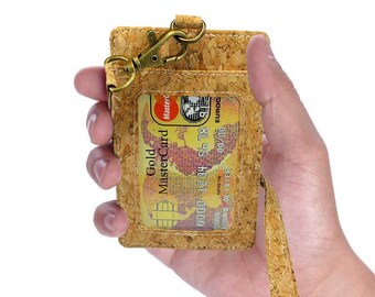 Unisex Vegan ID Card Sleeve Made of Real Cork with 3 Credit Card Slots and Hanger