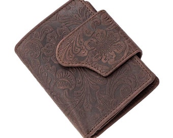 Ladies' wallets and purses or money bags made of genuine buffalo leather with floral print and lots of credit card slots in dark brown.