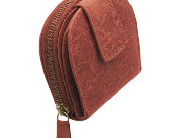 Wallet with RFID protection and compact made of genuine leather embossed with flowers in a semi-circular shape for women and girls in terracotta red.