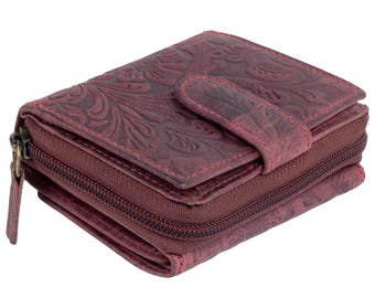 RFID Women's Wallet Genuine Leather Dark Red – 14 Card Slots, 2 Coin Pockets, Floral Embossing, 11×9×4 cm