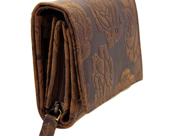 Women's wallet and purse made of genuine buffalo leather with rose embossing, compact with many special compartments for credit cards in brown